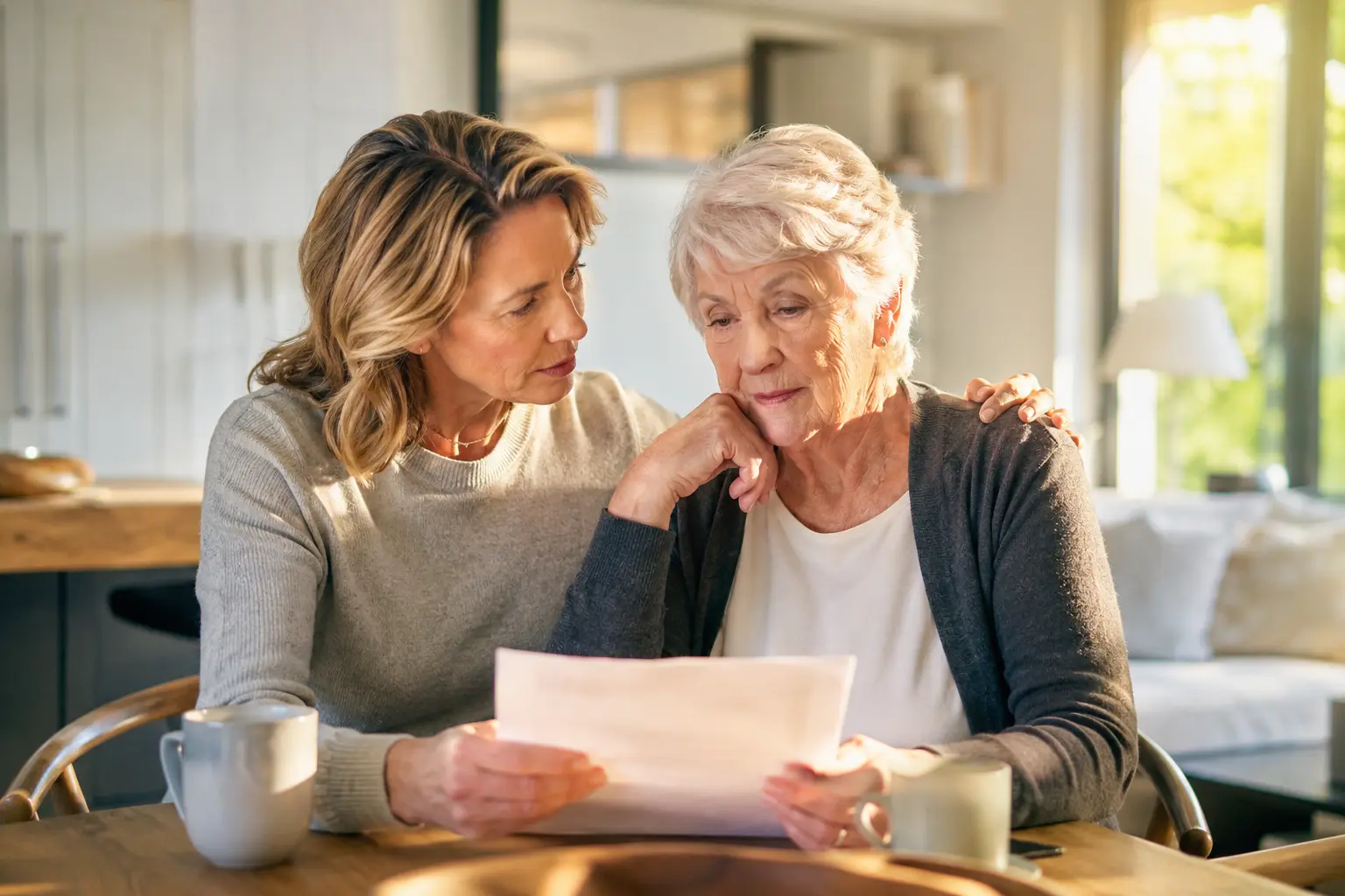 Adult daughter sitting with elderly mother at kitchen table discussing senior living care options