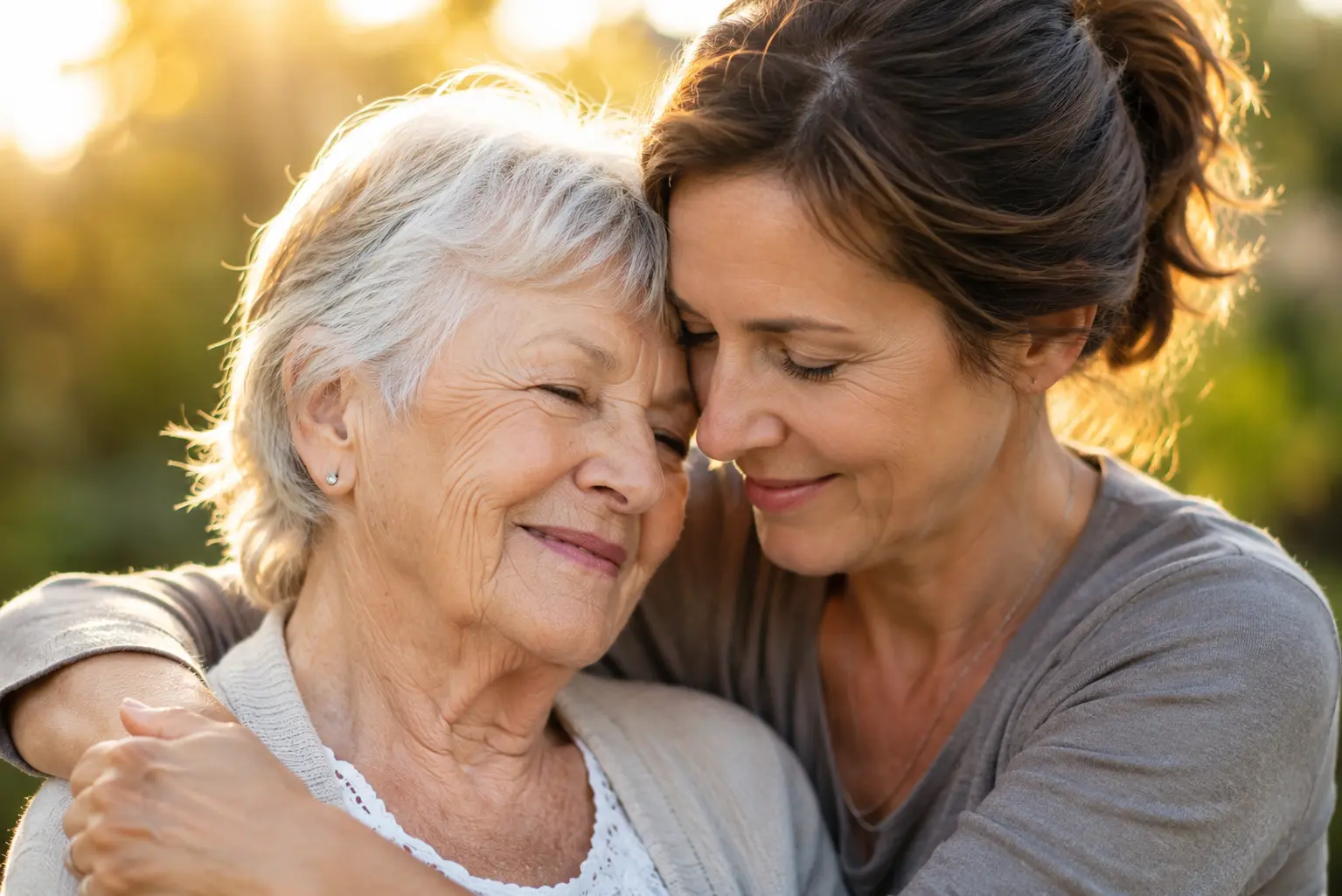 Adult daughter embracing her elderly mother, representing the relief and connection families feel after finding the right care