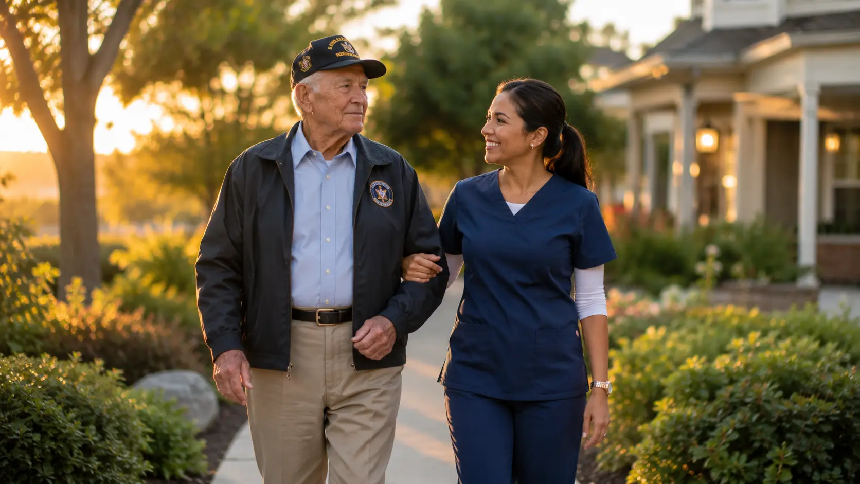 Caregiver walking outdoors with an elderly veteran, representing safety, trust, and dignity