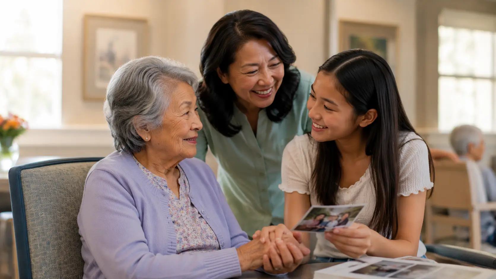 Three generations sharing photographs together, representing connection and memory care for families facing dementia