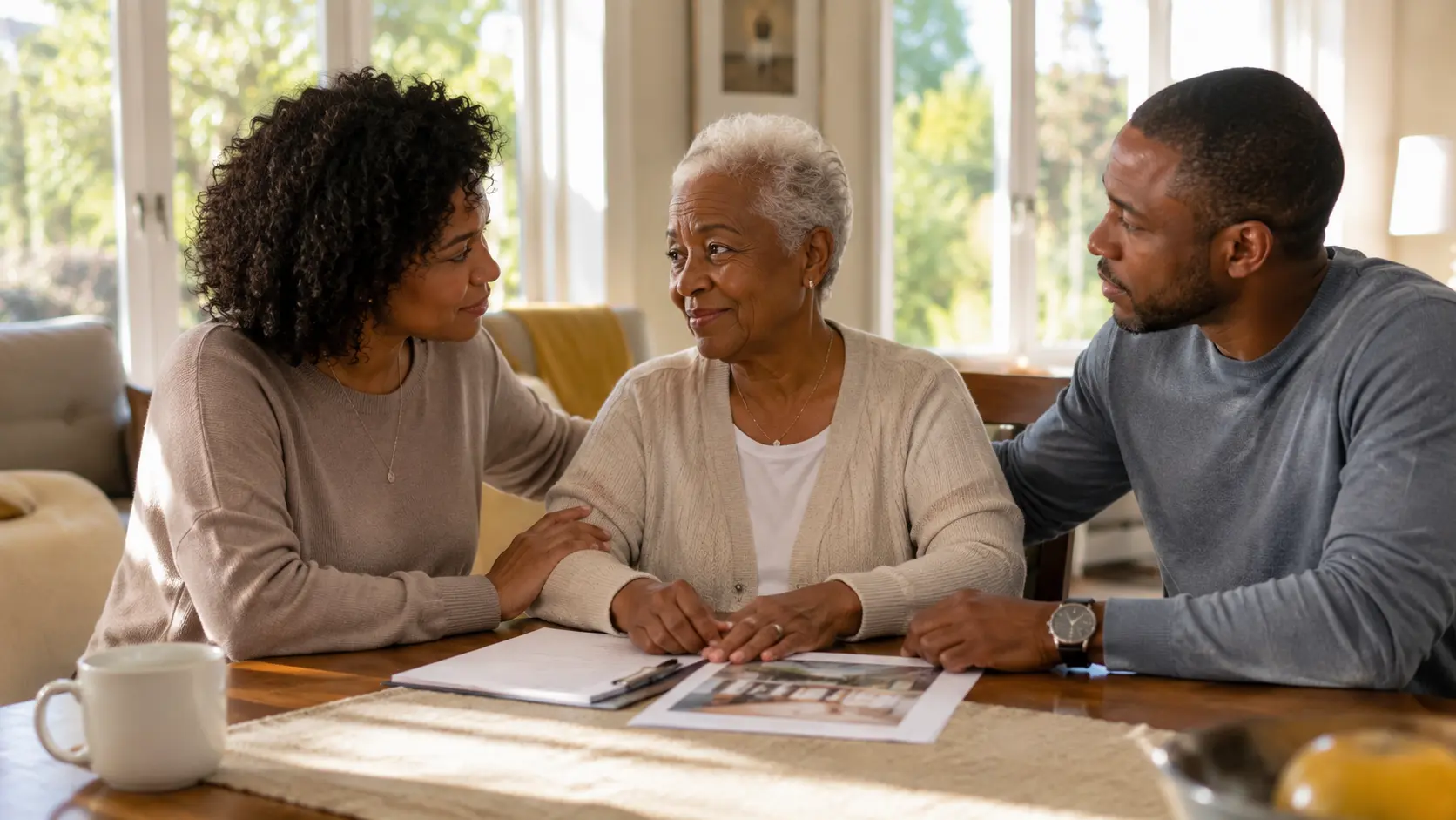 Adult son and daughter sitting with their mother reviewing senior care paperwork together