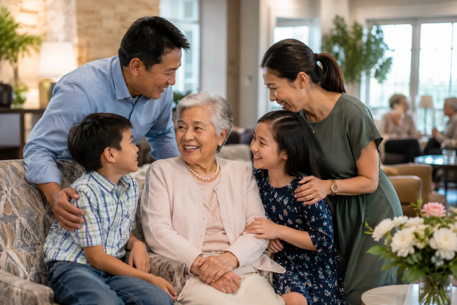 Multi-generational family visiting their grandmother in her independent living community lounge