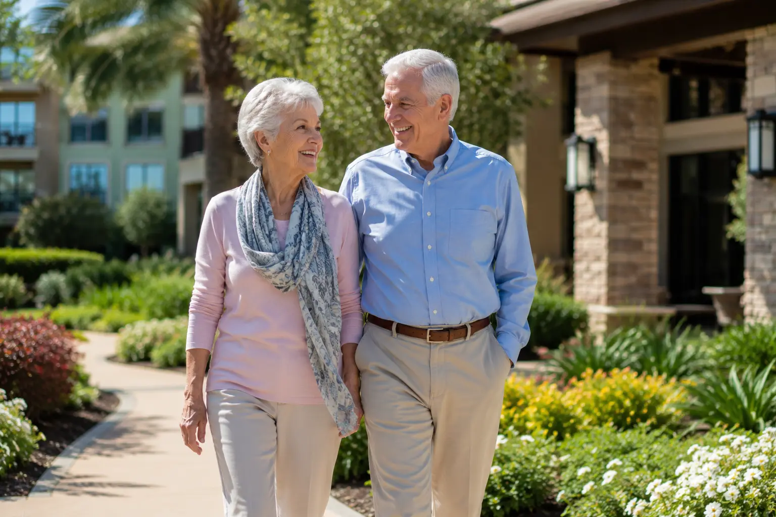Active senior couple walking together outside their Las Vegas independent living community